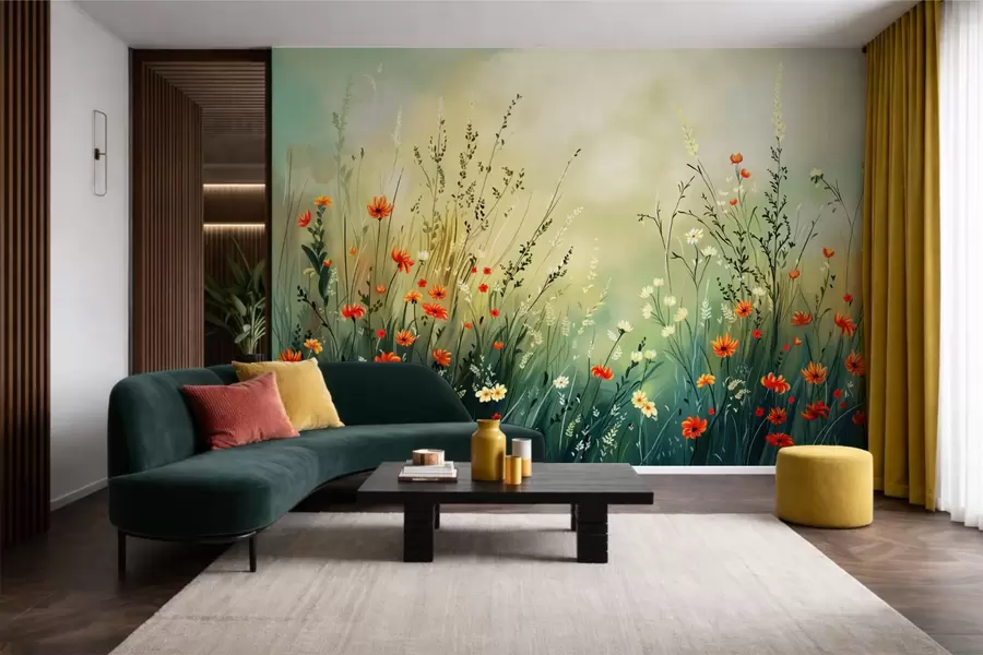 Fototapet Ängblommor och gräs i mjuk, målerisk stil w05015