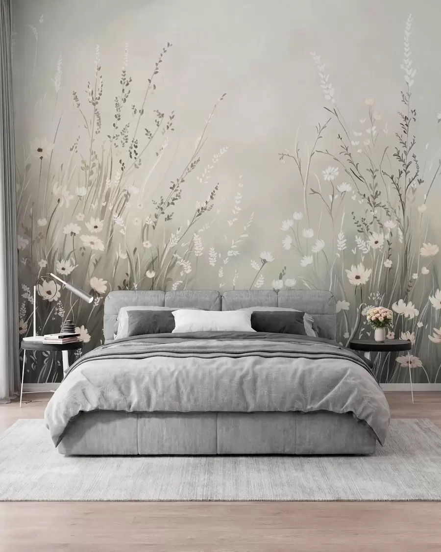 Fototapet Mjuk ängsbild med vita blommor och fina gräs w05015v1