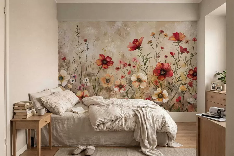 Fototapet Blomsterkomposition med strukturerad bakgrund i varma toner w05016