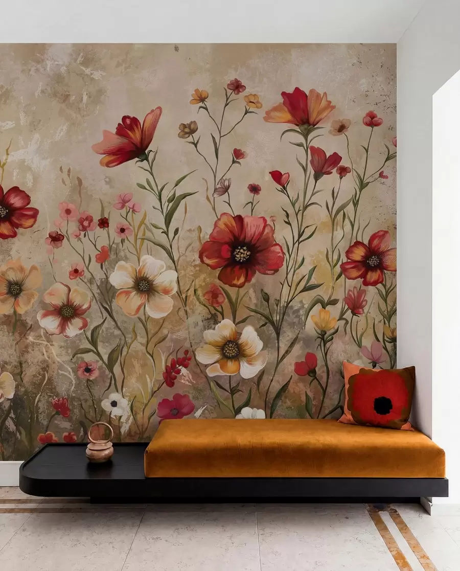 Fototapet Blomsterkomposition med strukturerad bakgrund i varma toner w05016
