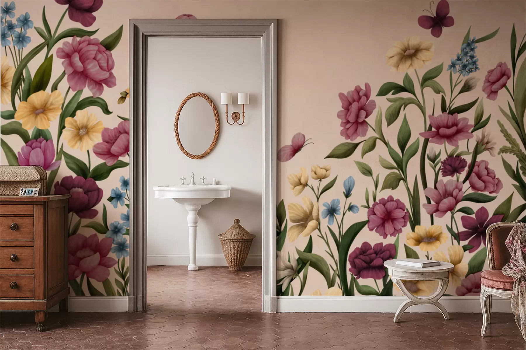 Fototapet Blomsterkomposition med växter och fjärilar på ljus bakgrund w05072