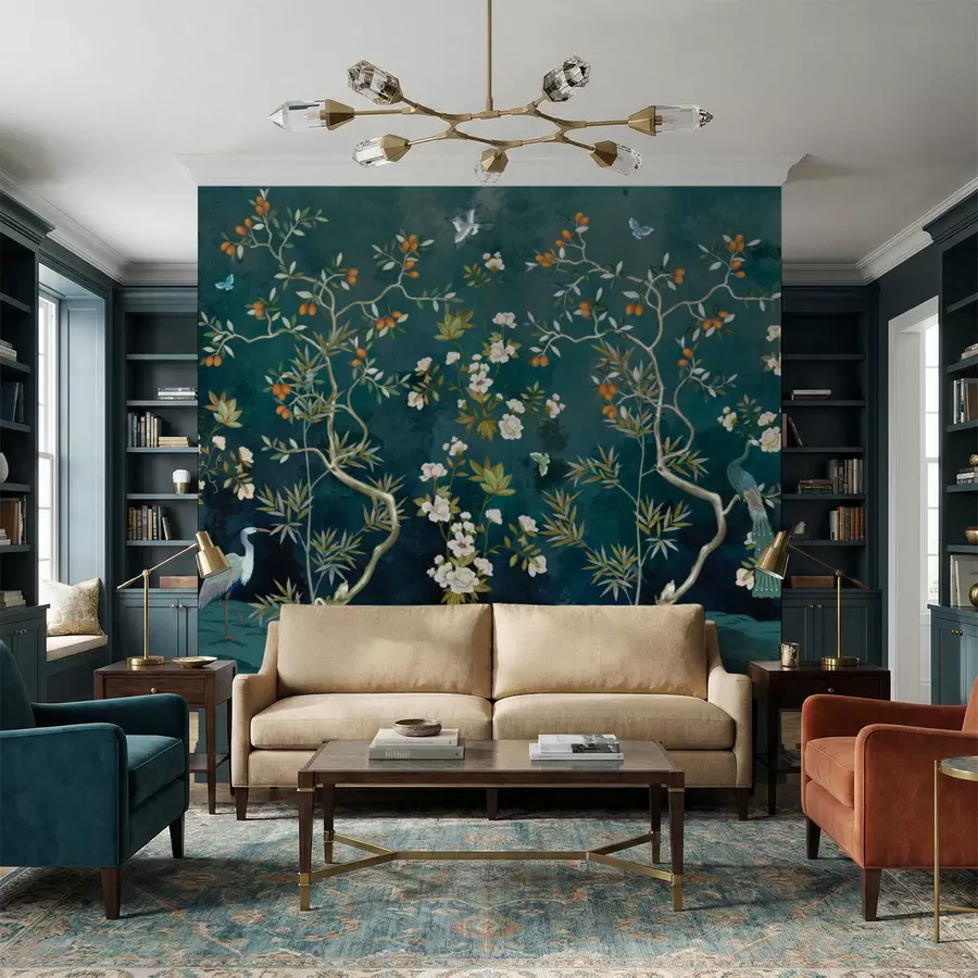 Fototapet Dekorativ scen med träd, blommor och fåglar på mörk bakgrund w05004