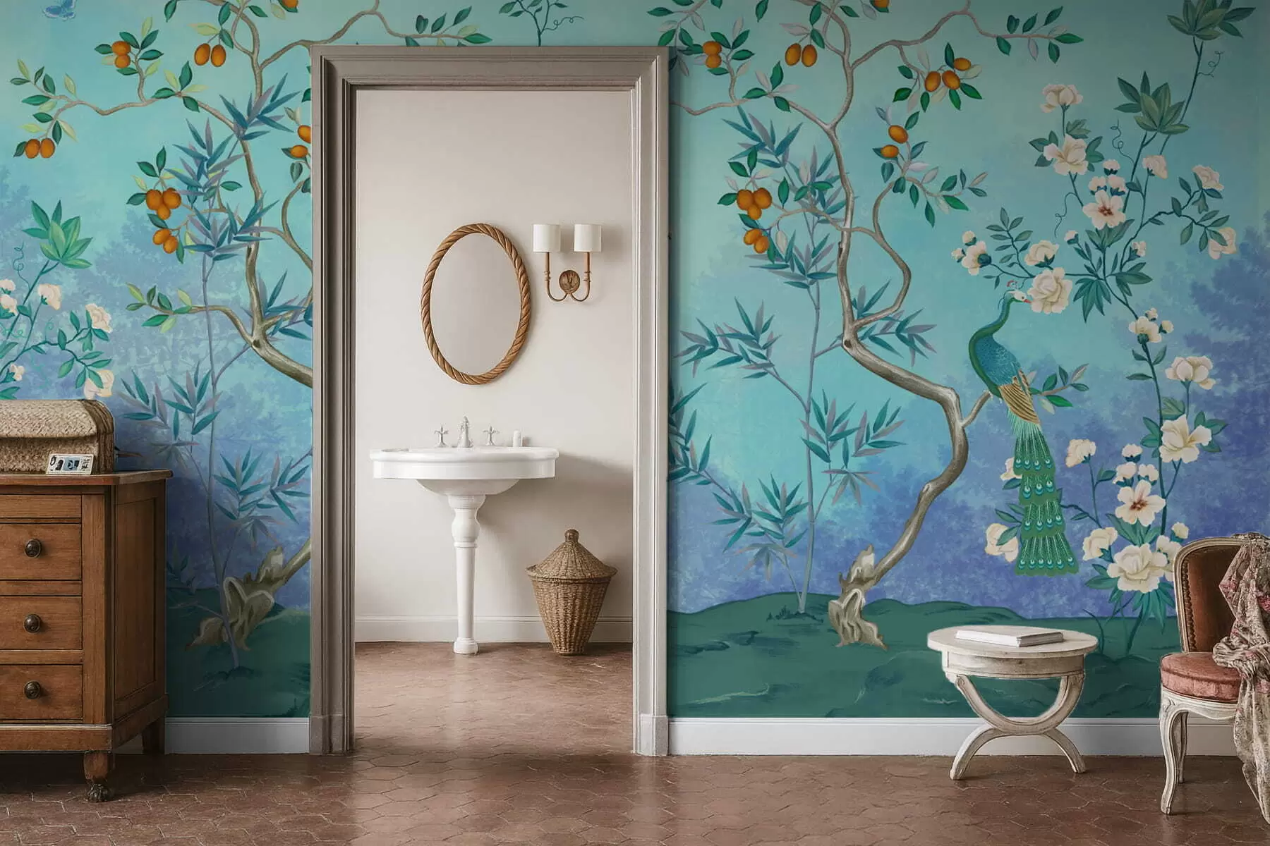 Fototapet Scene med träd, blommor och fåglar, blå bakgrund w05004v2