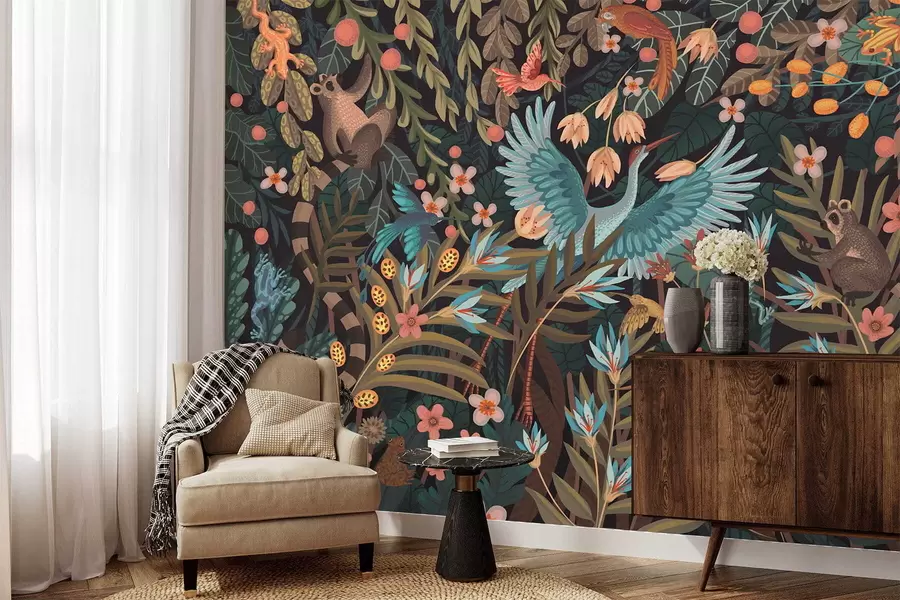 Fototapet Fantasi-scen med fåglar och djur bland växter w05024