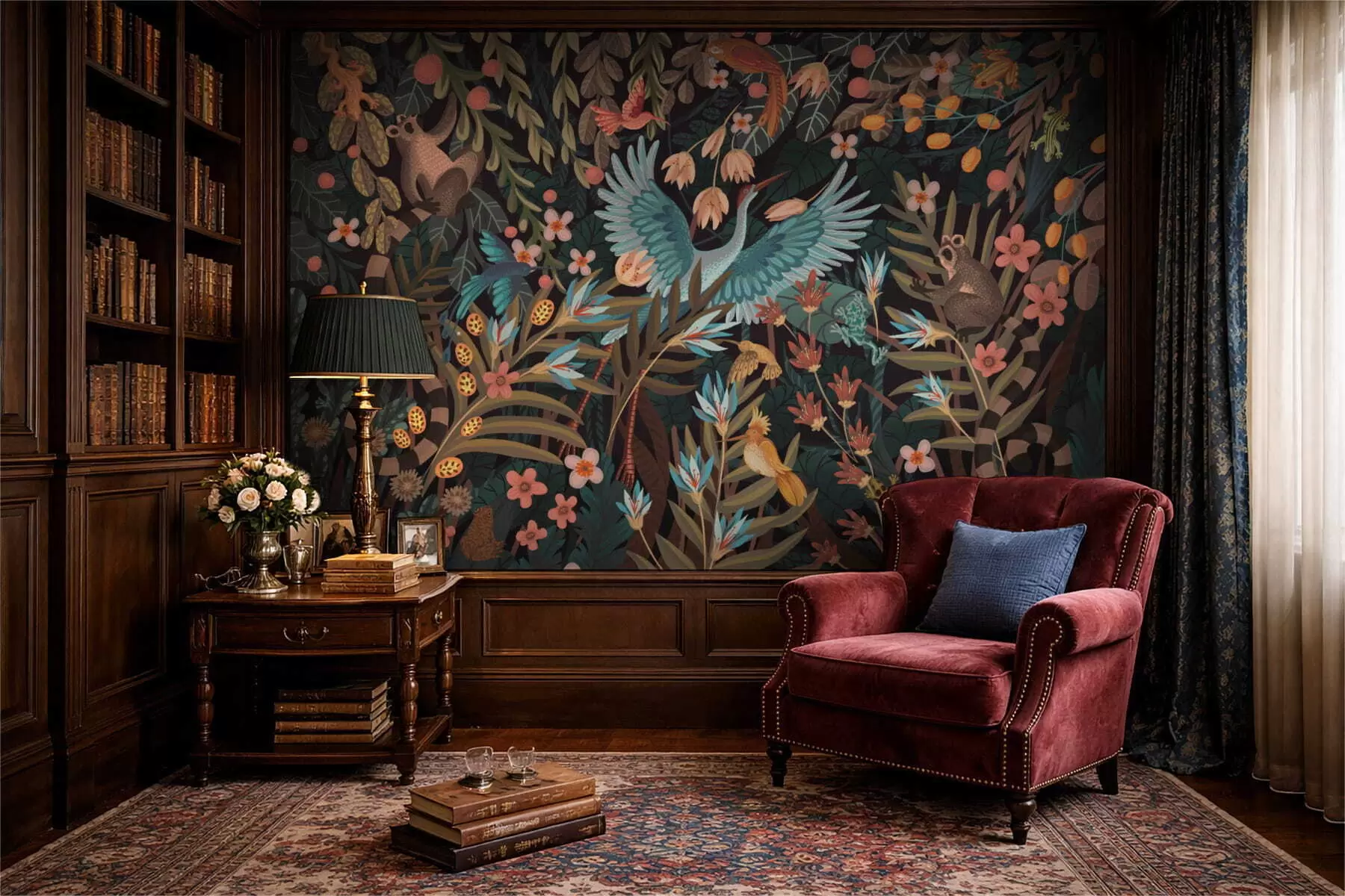 Fototapet Fantasi-scen med fåglar och djur bland växter w05024