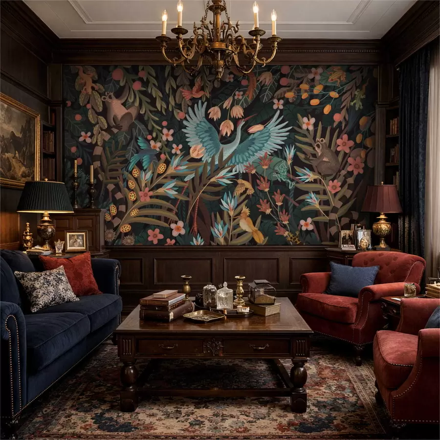 Fototapet Fantasi-scen med fåglar och djur bland växter w05024