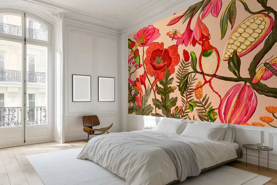 Fototapet Dekorativa blommor och fåglar på beige bakgrund w05036