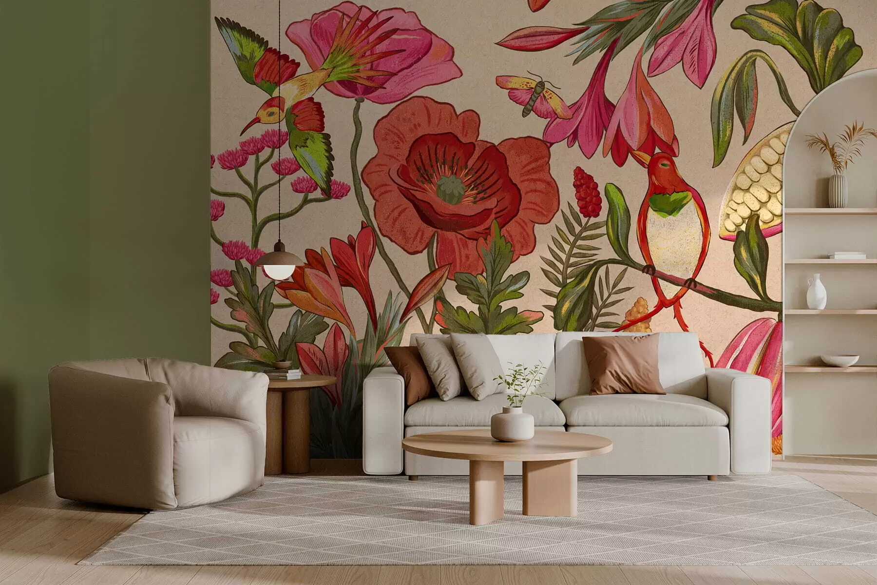 Fototapet Dekorativa blommor och fåglar på beige bakgrund w05036