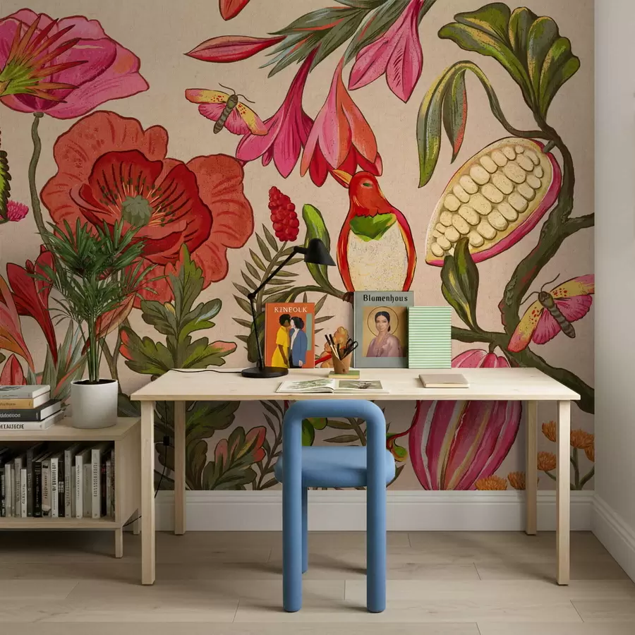 Fototapet Dekorativa blommor och fåglar på beige bakgrund w05036