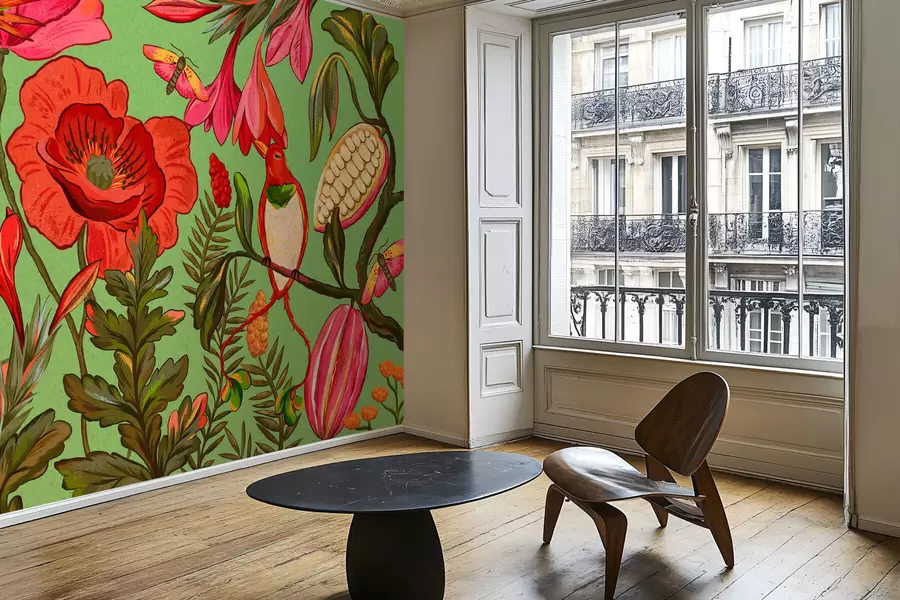 Fototapet Dekorativa blommor och fåglar på grön bakgrund w05036v1