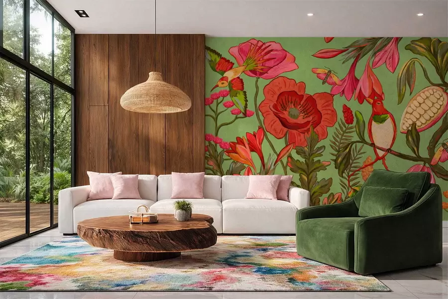 Fototapet Dekorativa blommor och fåglar på grön bakgrund w05036v1