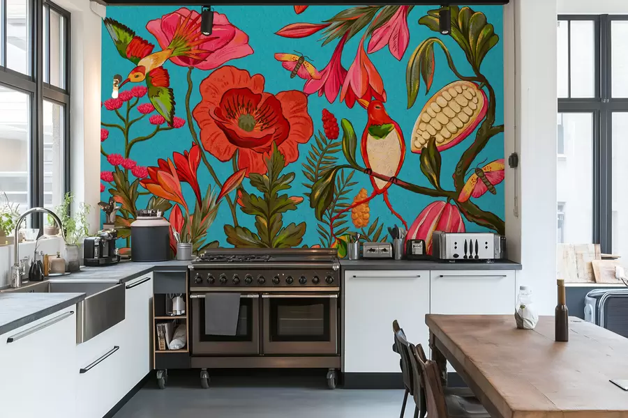 Fototapet Dekorativa blommor och fåglar på blå bakgrund w05036v3