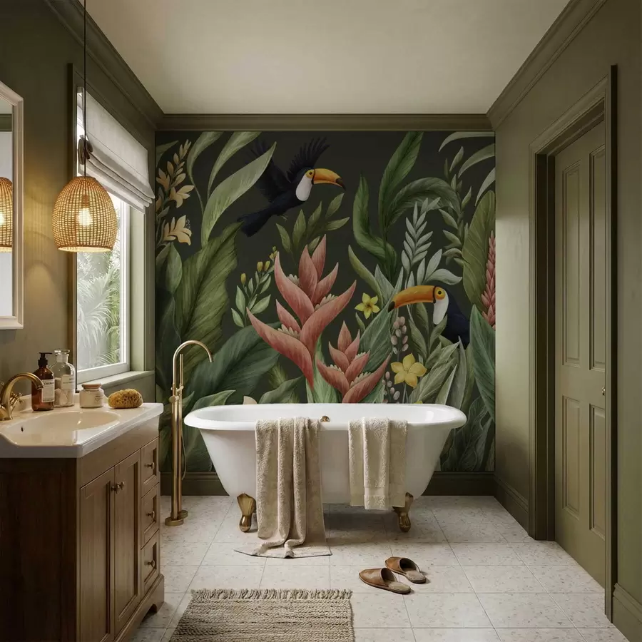 Fototapet Tropiskt lövverk och fåglar med stora näbbar på mörk bakgrund w05088