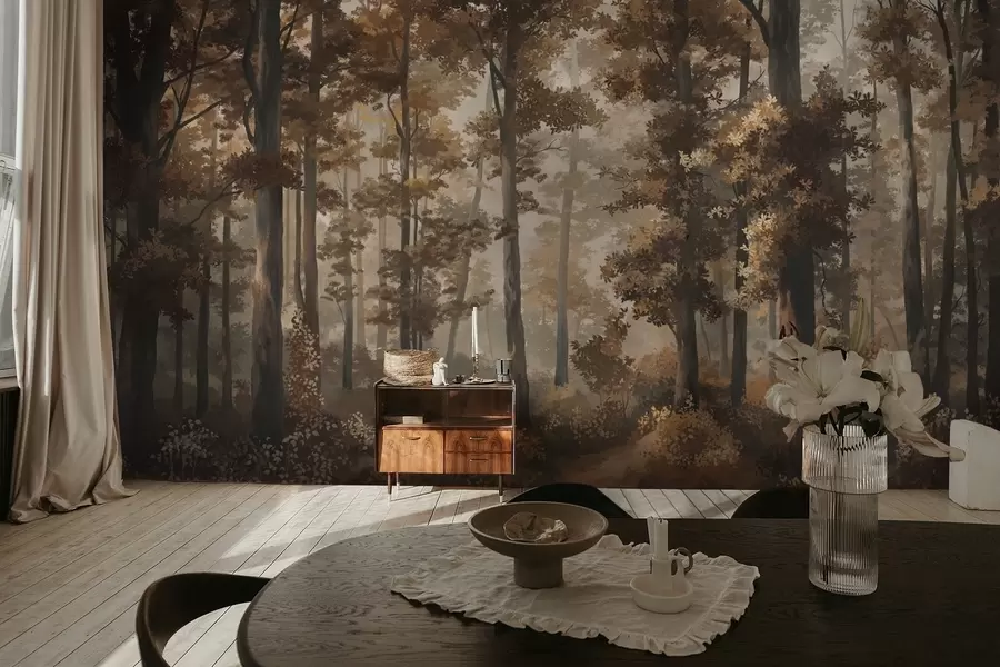 Fototapet Höstlig skogsscen med varmt ljus och täta träd w05089v1