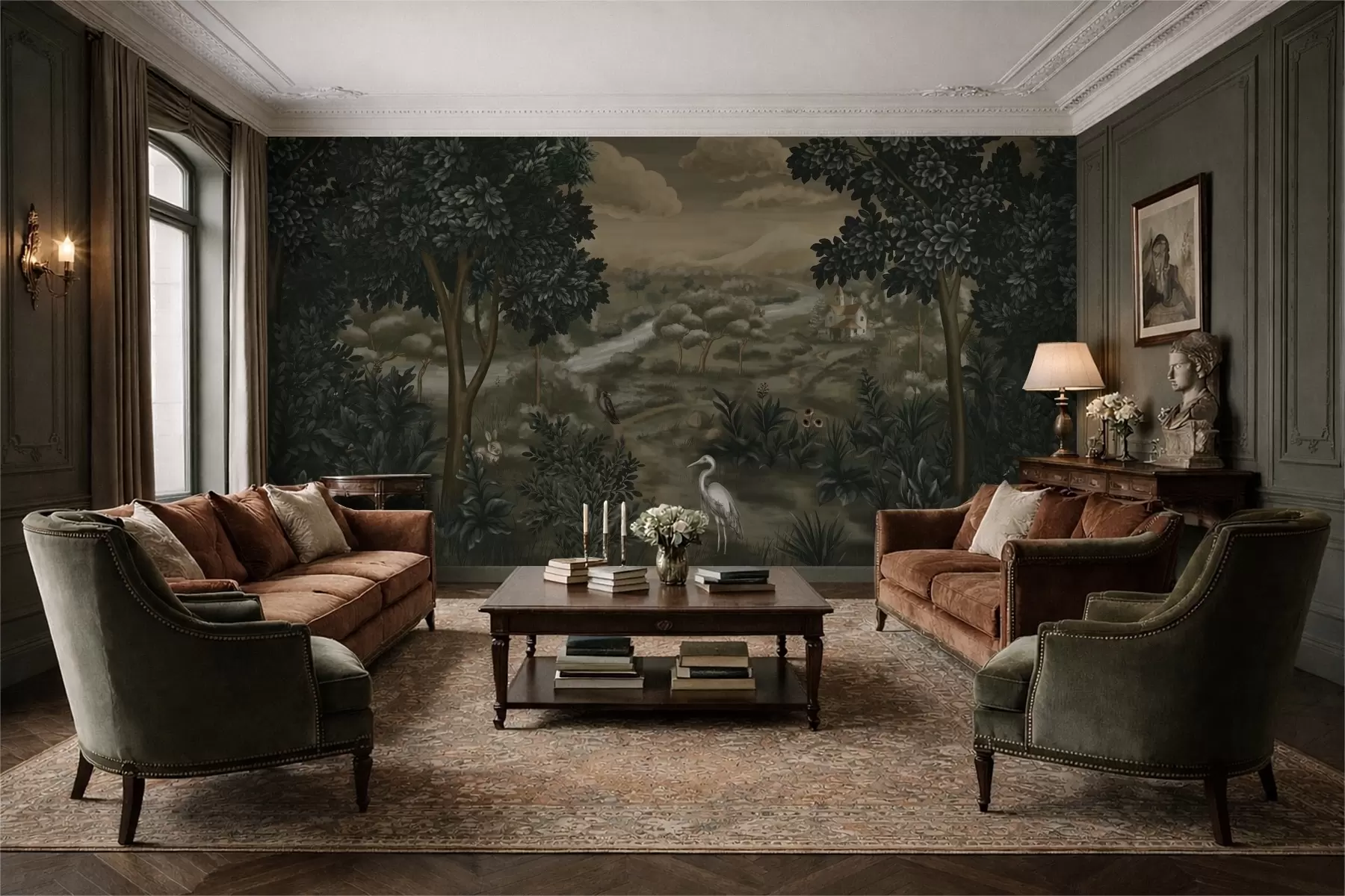 Fototapet Fantasi landskap med flod, hus och fåglar bland träd w05090