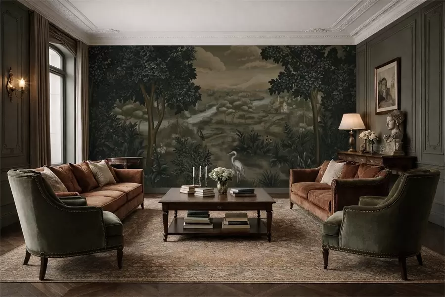 Fototapet Fantasi landskap med flod, hus och fåglar bland träd w05090