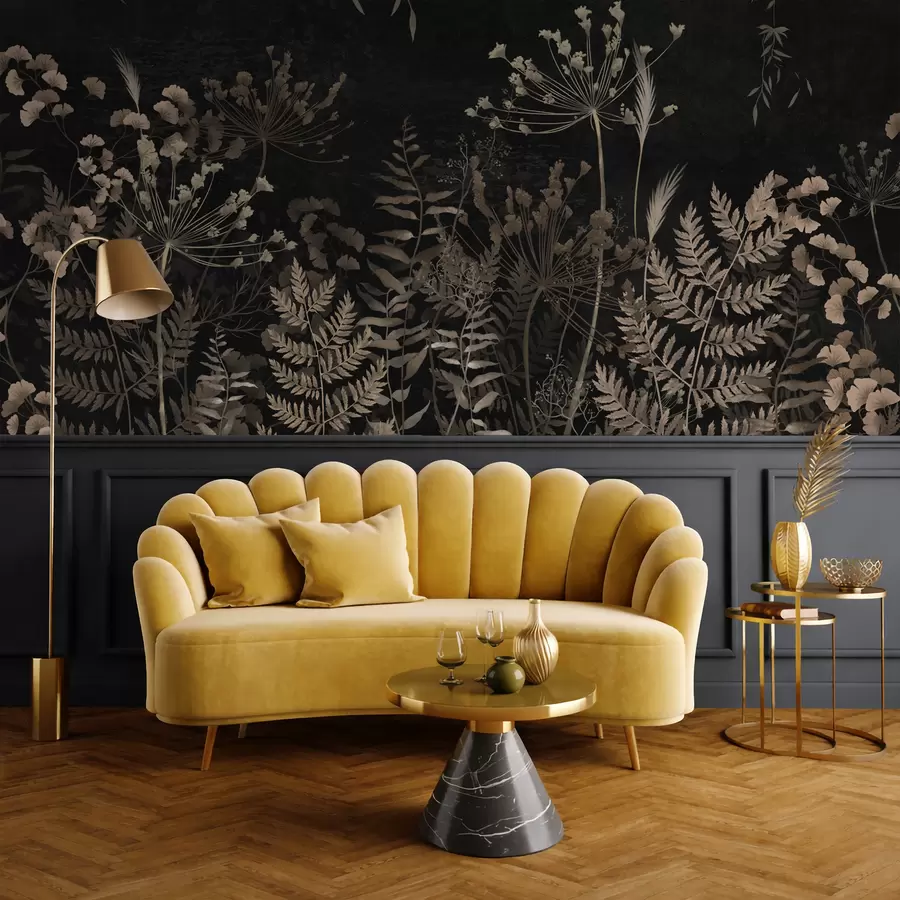 Fototapet Mörkt botaniskt mönster med blommor och blad w05092