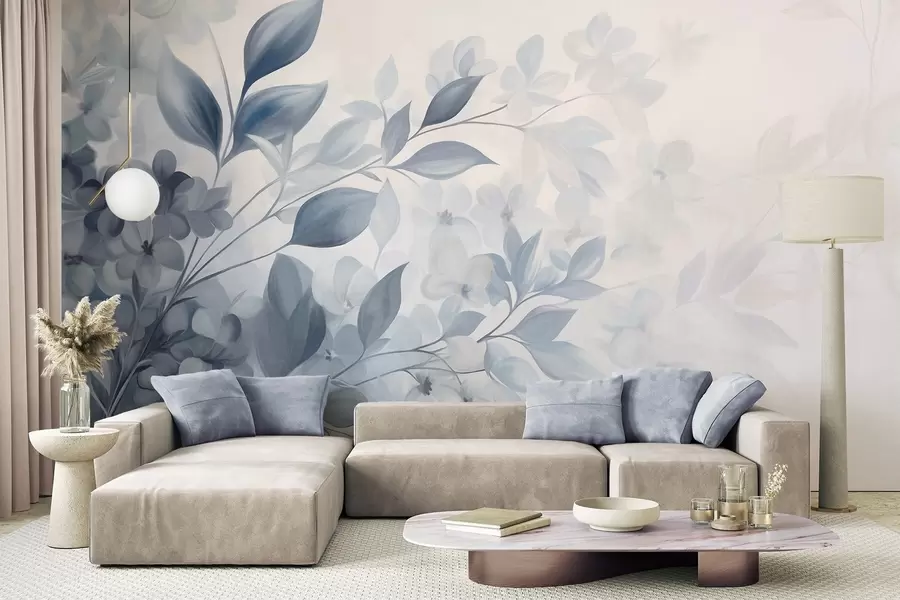 Fototapet Strukturerad blå och vit gren med blommor och blad som tonar ut i en ljus bakgrund i akvarellmålningsstil. w09543