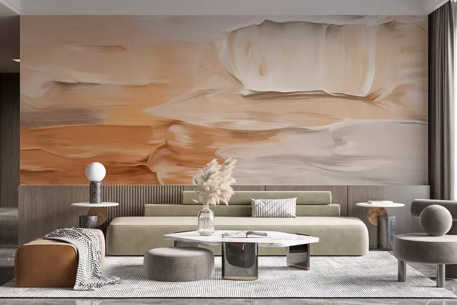 Fototapet Abstrakt texturerad penseldragsimitation i varma jordnära toner av beige, kräm och brunt, modern konst w09588