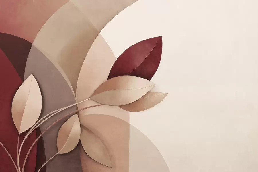 Fototapet Abstrakt texturerad gren med löv i nyanser av brunt, beige och rött, mot en bakgrund av abstrakta former. w09618