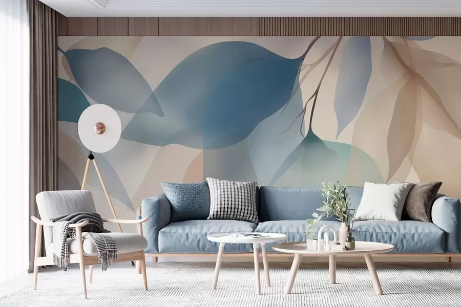 Fototapet eleganta halvtransparenta blad i nyanser av blått och beige w05060