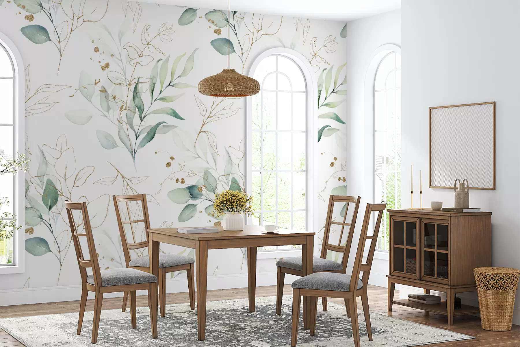 Fototapet Gröna blad i akvarell stil u71464