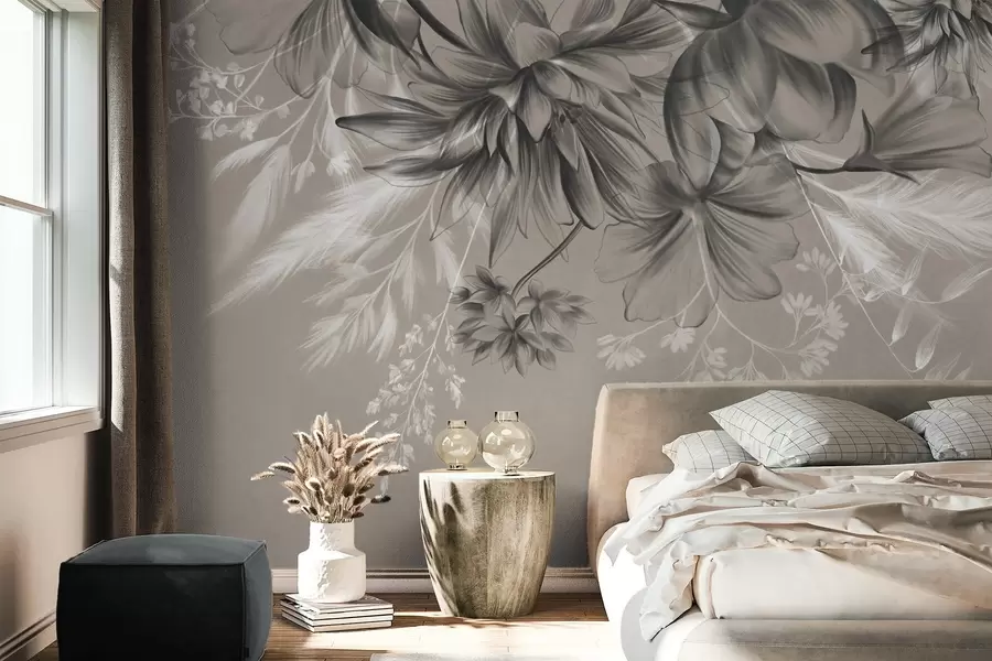 Fototapet Texturerade blommor och ormbunkar i mörkgrå och vita nyanser mot en dämpad beige bakgrund, teckningsstil w09644