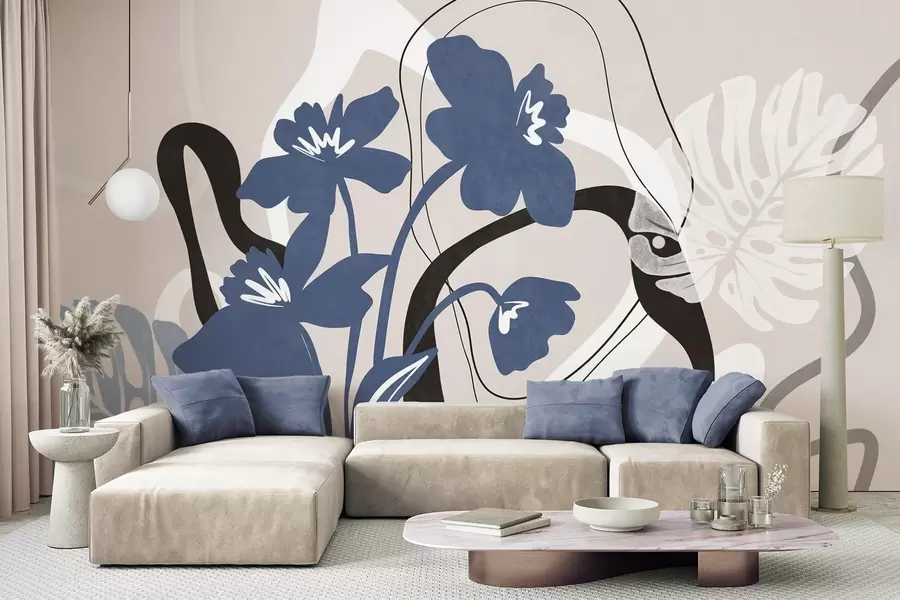 Fototapet Abstrakt texturerade blå blommor med vita och svarta former mot en ljusbeige bakgrund, minimalistisk konst w09645