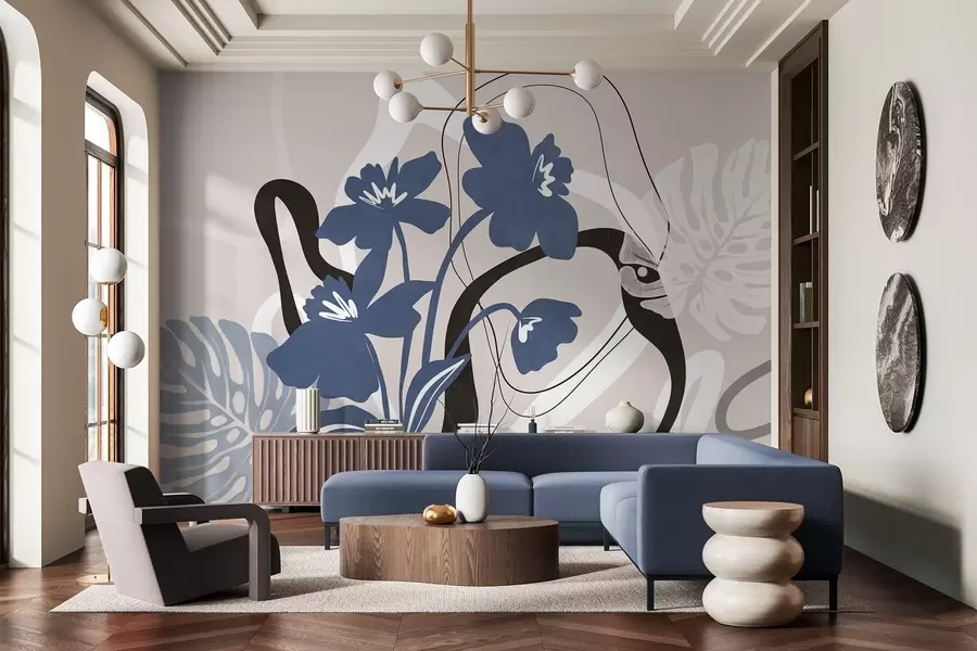 Fototapet Abstrakt texturerade blå blommor med vita och svarta former mot en ljusbeige bakgrund, minimalistisk konst w09645