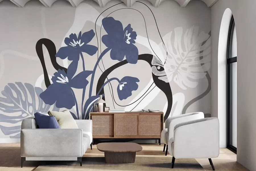 Fototapet Abstrakt texturerade blå blommor med vita och svarta former mot en ljusbeige bakgrund, minimalistisk konst w09645