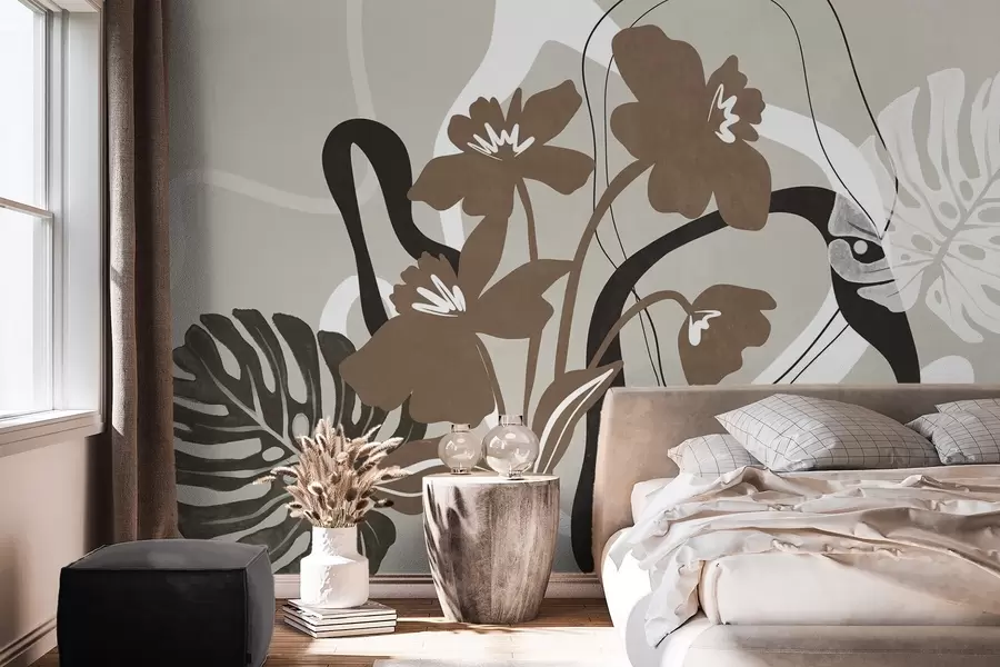 Fototapet Abstrakt texturerade bruna blommor med vita och svarta former mot en beige bakgrund, minimalistisk konst w09645v1
