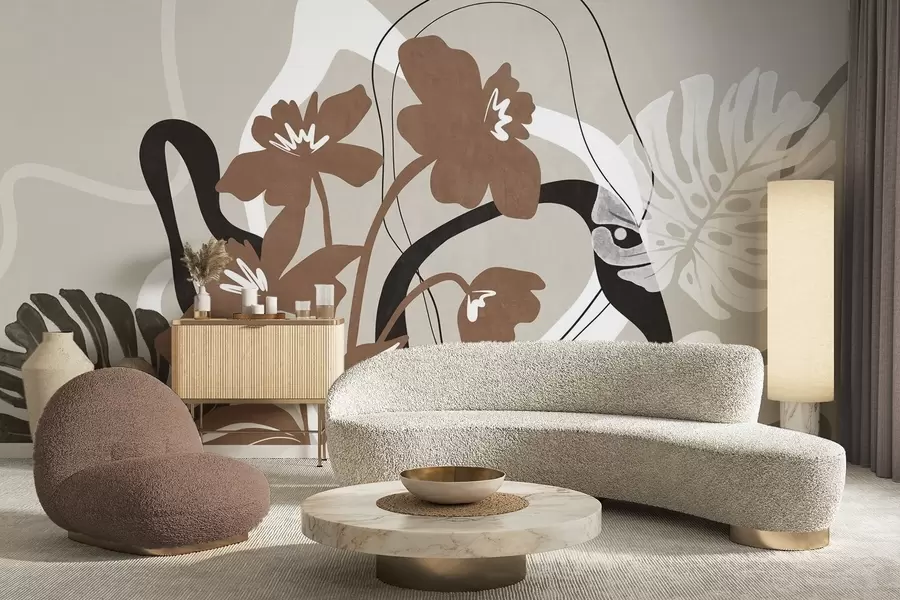 Fototapet Abstrakt texturerade bruna blommor med vita och svarta former mot en beige bakgrund, minimalistisk konst w09645v1