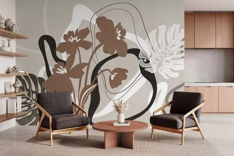 Fototapet Abstrakt texturerade bruna blommor med vita och svarta former mot en beige bakgrund, minimalistisk konst w09645v1