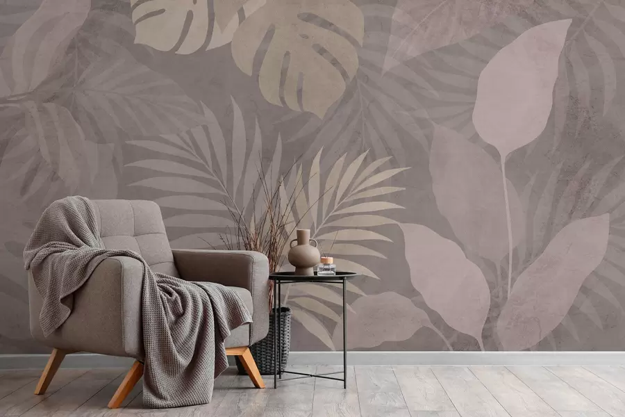 Fototapet strukturerade tropiska blad på grå bakgrund w05063v1
