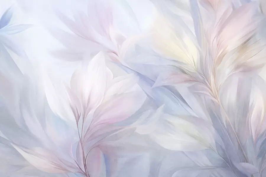 Fototapet Mjuka, pastellfärgade blad och fjädrar i nyanser av rosa, blått och gult, abstrakt och strukturerat tryck w09634