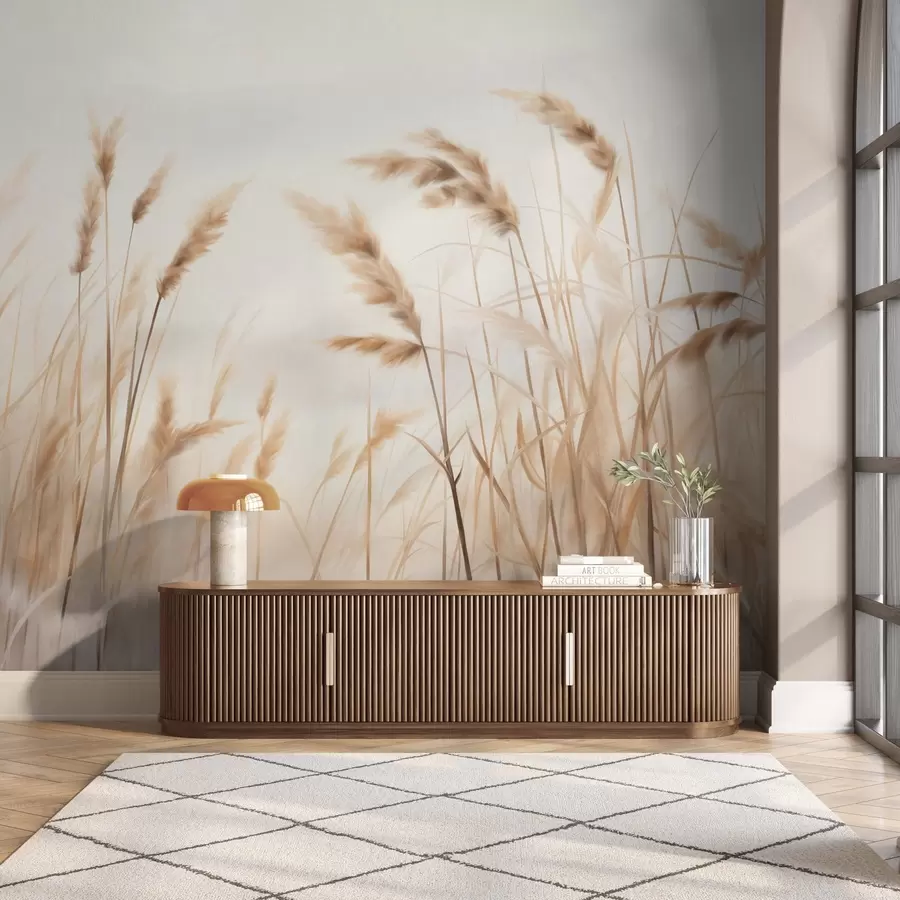 Fototapet Högt, strukturerat torrt gräs med veteax på fältet mot en mjuk, blek bakgrund w09648