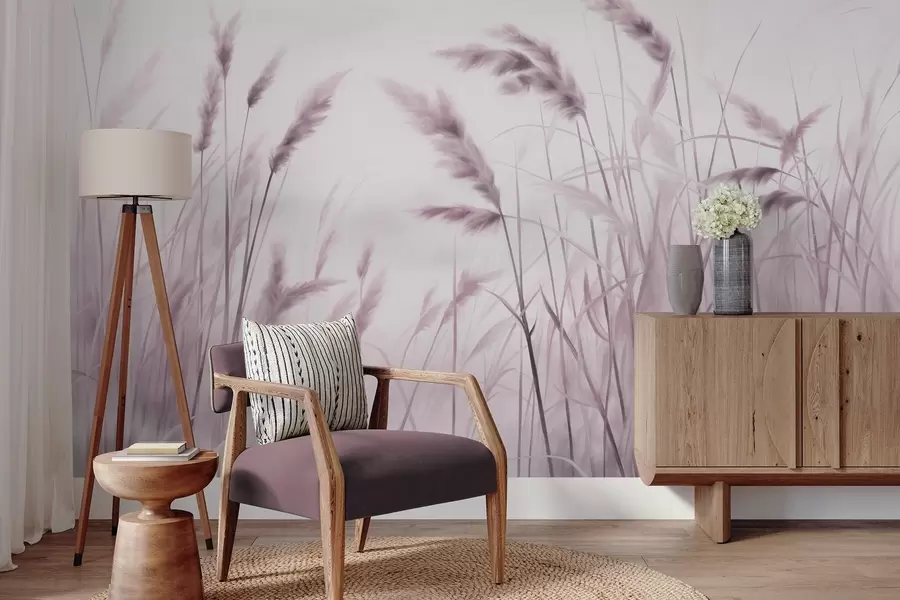 Fototapet Högt, strukturerat torrt gräs med veteax på fältet mot en mjuk, blek bakgrund w09648v2