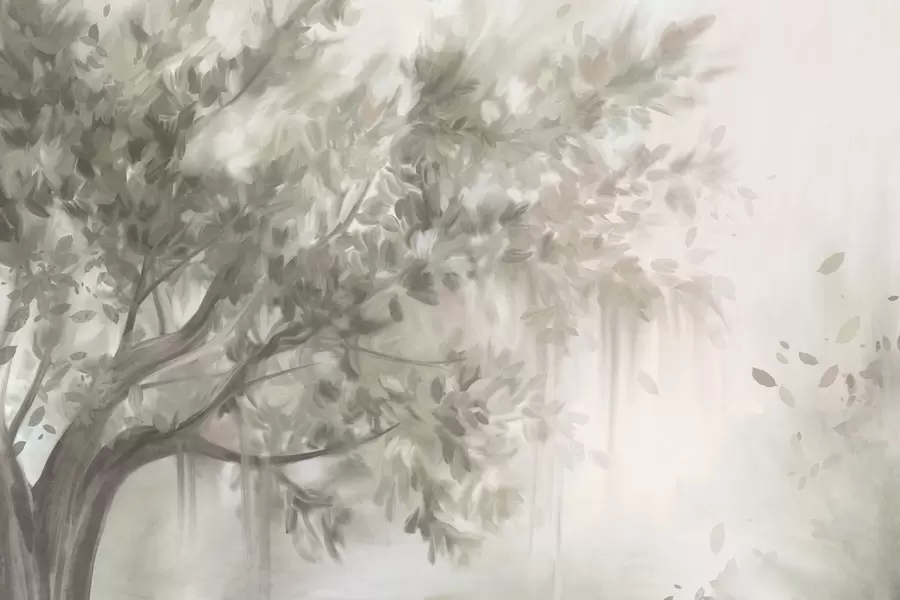 Fototapet Texturerat träd med ljusgröna blad och grenar, med en mjuk, dimmig bakgrund w09650