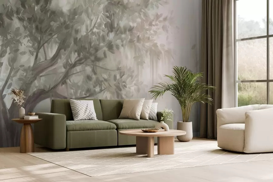 Fototapet Texturerat träd med ljusgröna blad och grenar, med en mjuk, dimmig bakgrund w09650