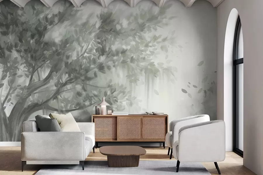 Fototapet Texturerat träd med gröna blad och grenar, med en mjuk, dimmig bakgrund w09650v1