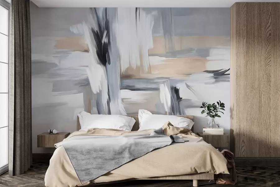 Fototapet Abstrakt texturerad målningsstil med penseldrag i nyanser av vitt, grått och beige w09651