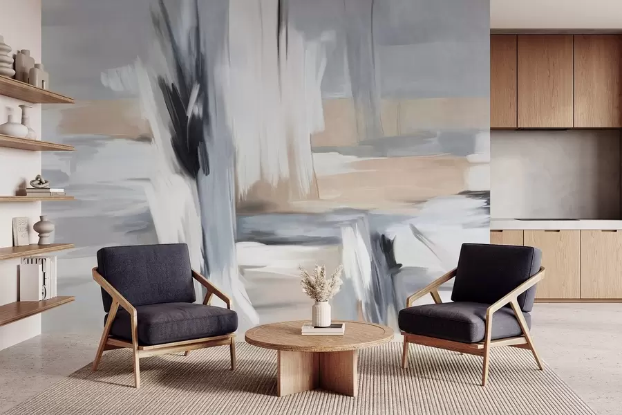 Fototapet Abstrakt texturerad målningsstil med penseldrag i nyanser av vitt, grått och beige w09651