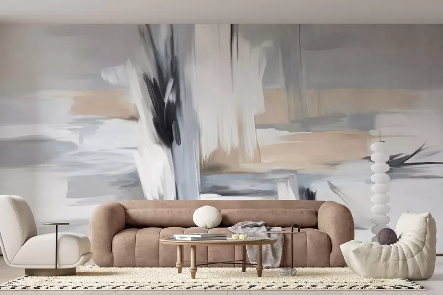 Fototapet Abstrakt texturerad målningsstil med penseldrag i nyanser av vitt, grått och beige w09651