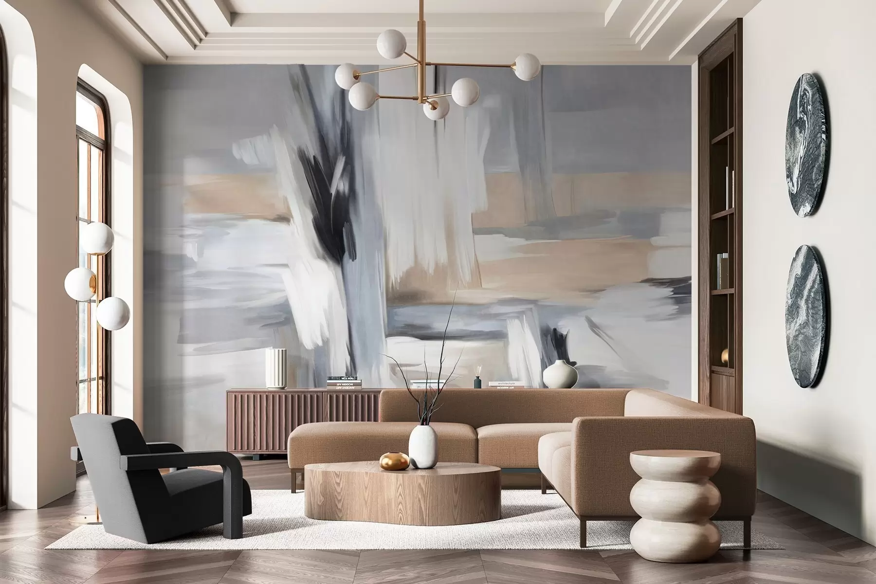 Fototapet Abstrakt texturerad målningsstil med penseldrag i nyanser av vitt, grått och beige w09651
