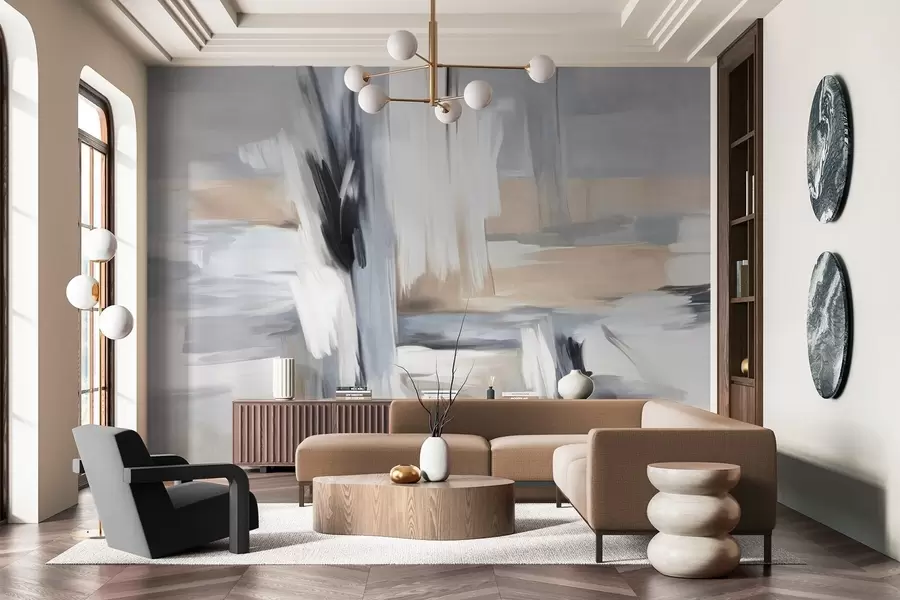 Fototapet Abstrakt texturerad målningsstil med penseldrag i nyanser av vitt, grått och beige w09651