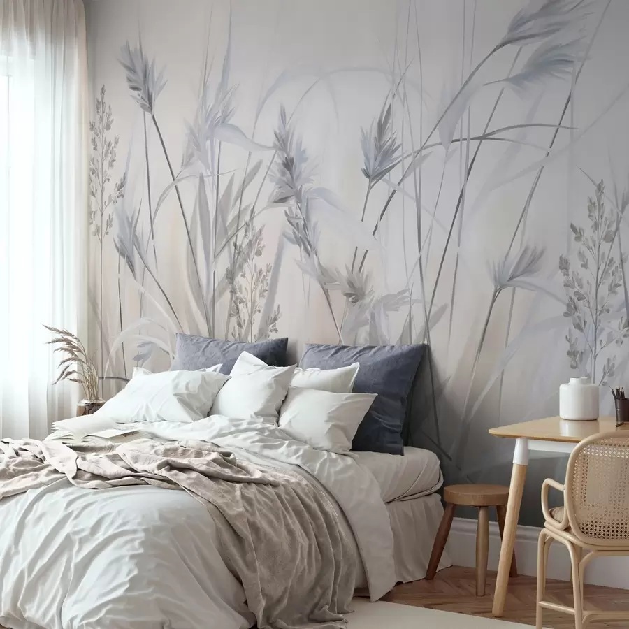 Fototapet Höga, torra grässtrån med fjäderliknande toppar i dämpade toner, mjuk, disig vit och beige bakgrund w09652v1