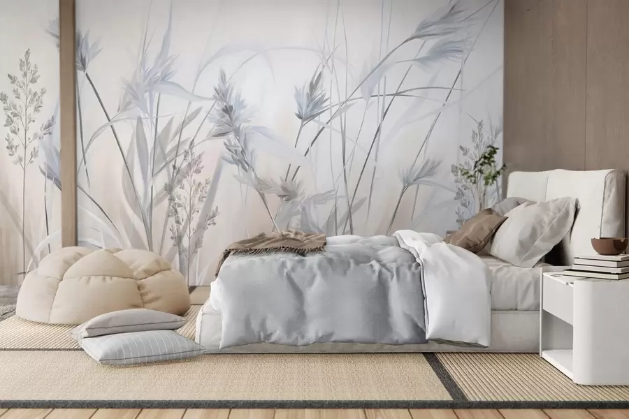 Fototapet Höga, torra grässtrån med fjäderliknande toppar i dämpade toner, mjuk, disig vit och beige bakgrund w09652v1