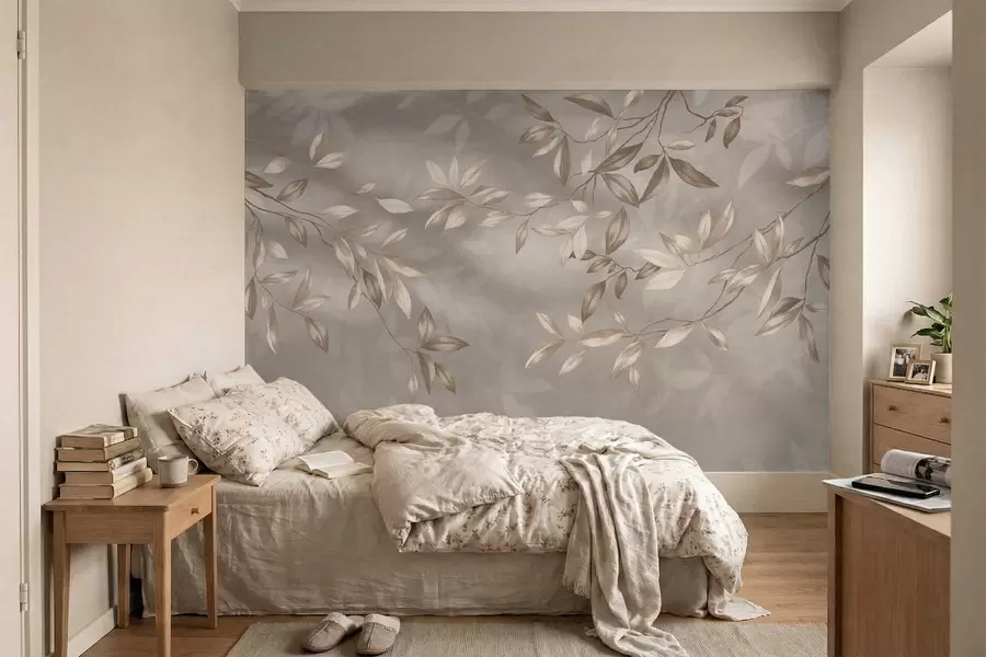 Fototapet Eleganta bladrika grenar i beige nyanser på en ljus bakgrund w05113
