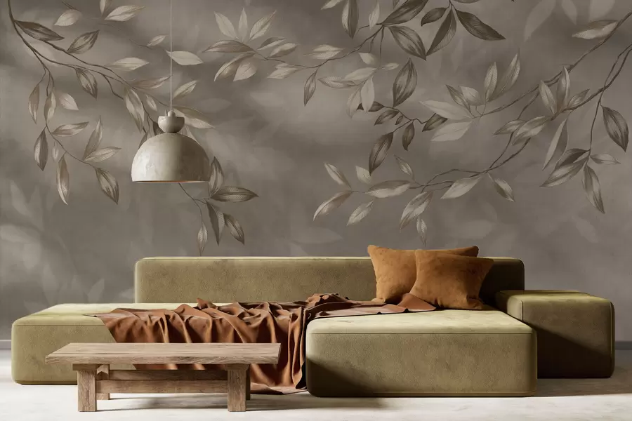 Fototapet Delikata bladrika grenar i beige toner på en ljus bakgrund w05113v2