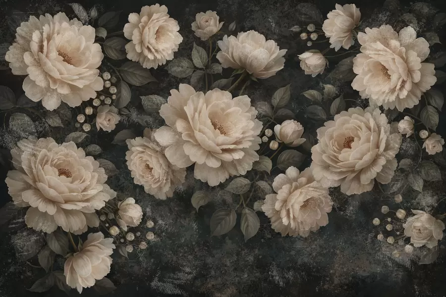 Fototapet Voluminösa blommor i beige färgskala på mörk bakgrund w05114